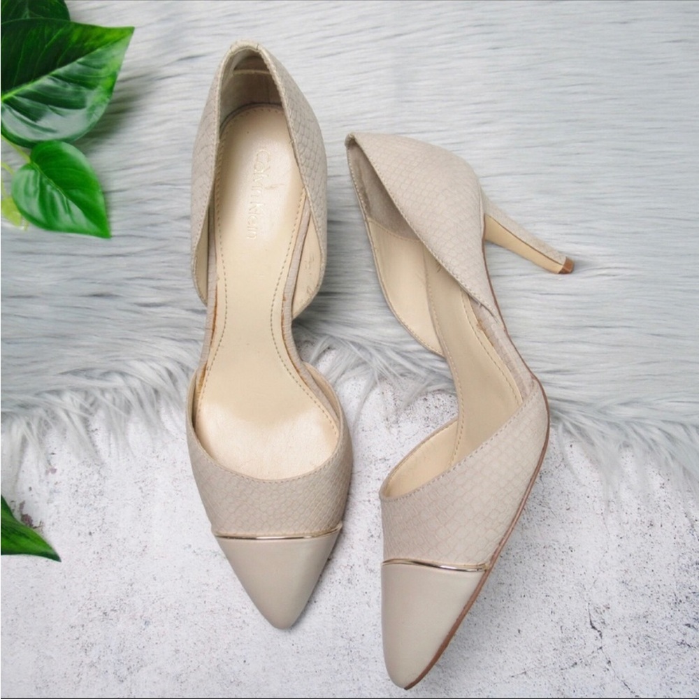 Calvin Klein Nanuet D’Orsay Stiletto Pump Beige Snakeskin Pointed Toe 7.5 M
